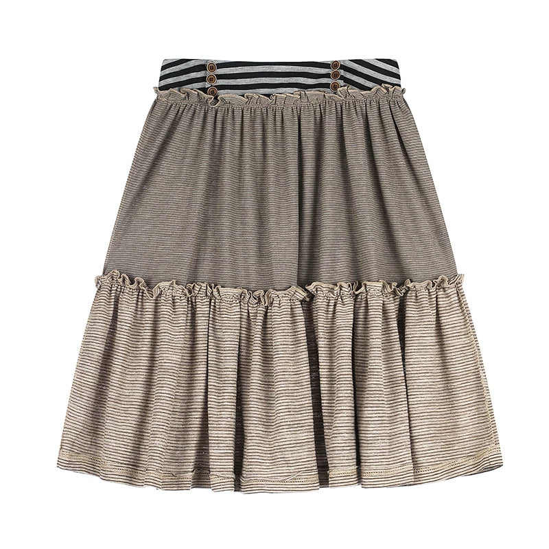 Leopard Faux-Layer Graphic Long Sleeve Top & Striped Tiered Ruffle Midi Skirt