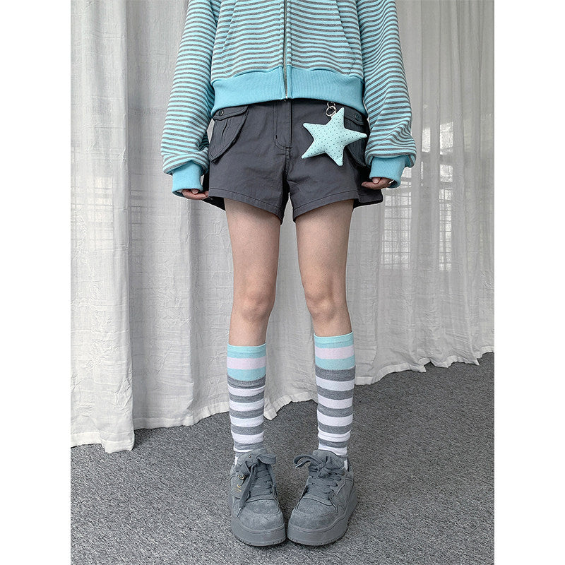 Mint Stripe Zip-Up Hoodie & Gray Utility Shorts