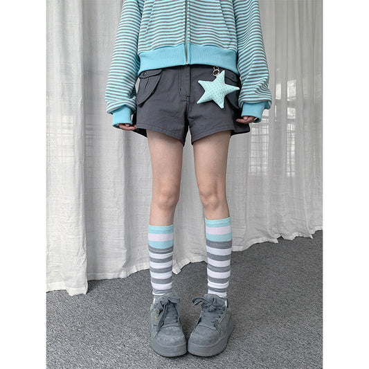 Mint Stripe Zip-Up Hoodie & Gray Utility Shorts