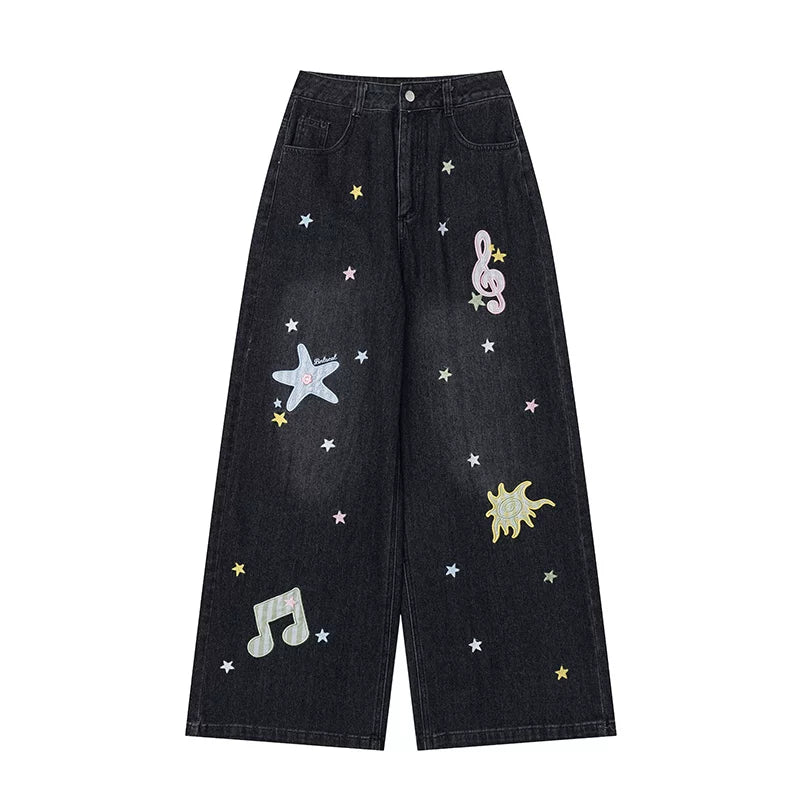 Star Polka-Dot Off-Shoulder Layered Long Sleeve Top & Music Note Star Wide-Leg Jeans