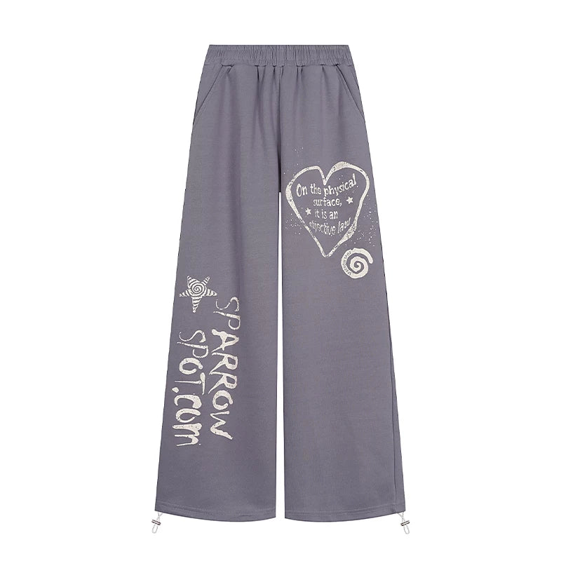 Mesh Layered Off-Shoulder Graphic Top & Heart Graphic Wide-Leg Pants