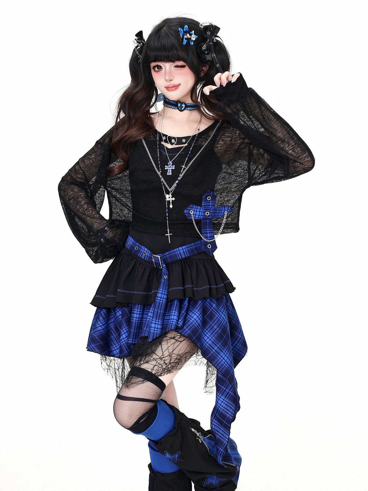 Lost Island Plaid Layered Dress, Sheer Shrug & Star Leg Warmers