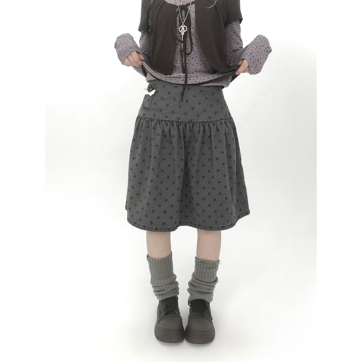 Star Print Drop-Waist A-Line Skirt