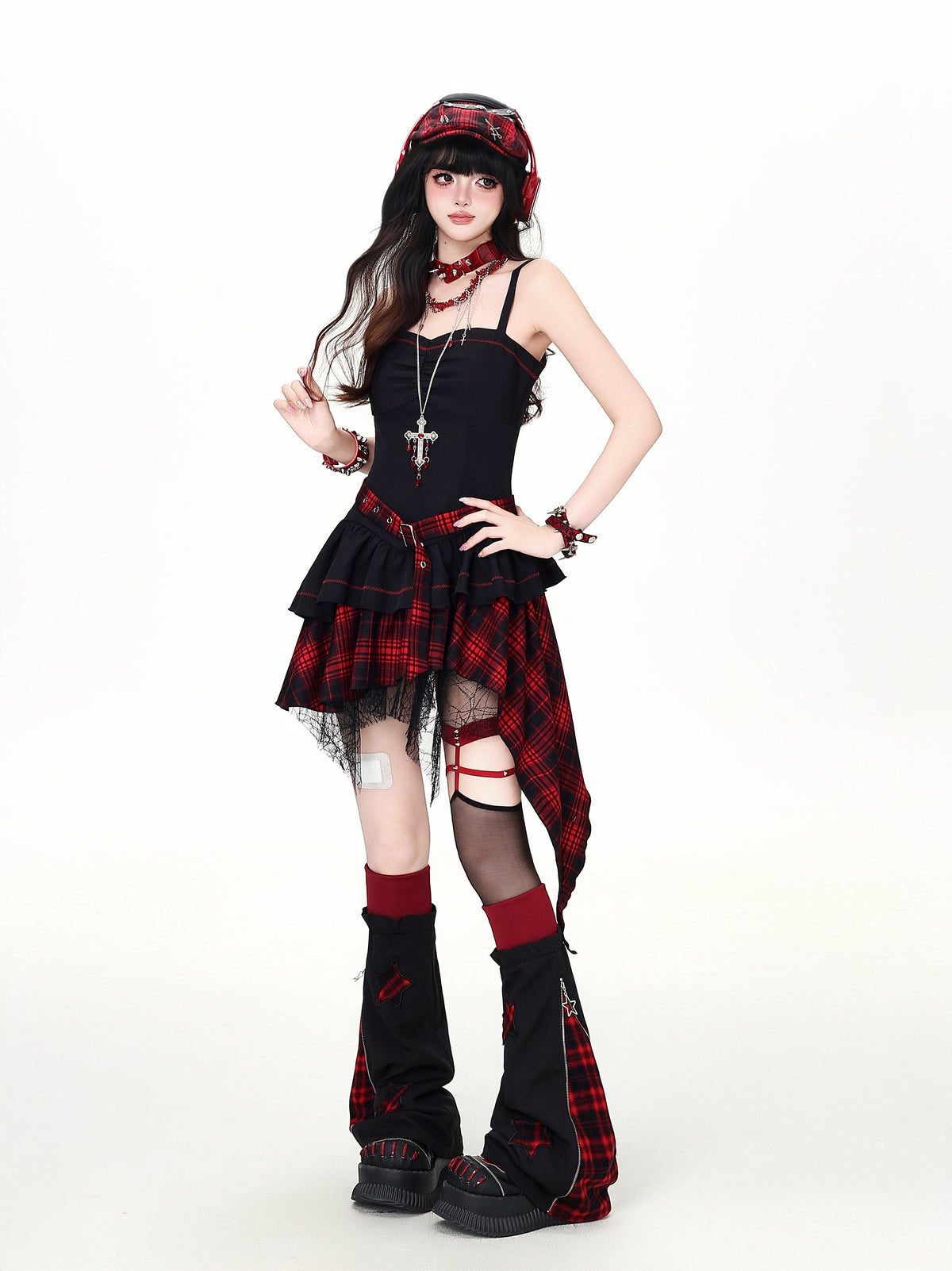 Lost Island Plaid Layered Dress, Sheer Shrug & Star Leg Warmers