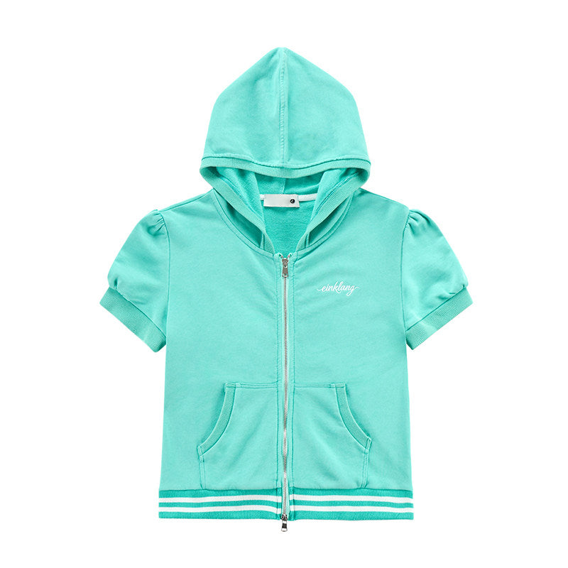 Embroidered Stripe-Trim Short Sleeve Zip Hoodie