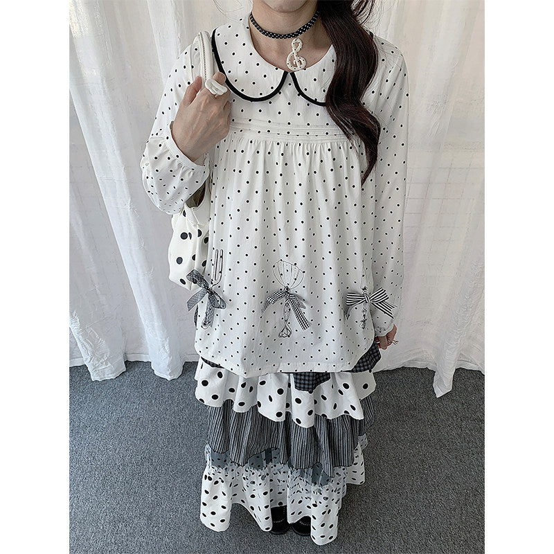 Mixed Polka Dot Plaid Tiered Maxi Skirt