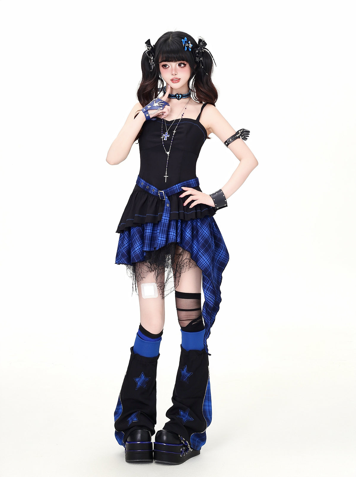 Lost Island Plaid Layered Dress, Sheer Shrug & Star Leg Warmers