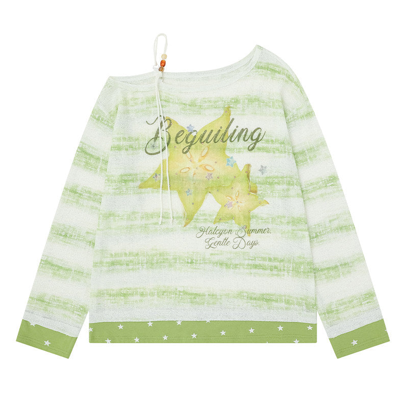Summer Stripe Graphic Long Sleeve Top & Star Halter Cami