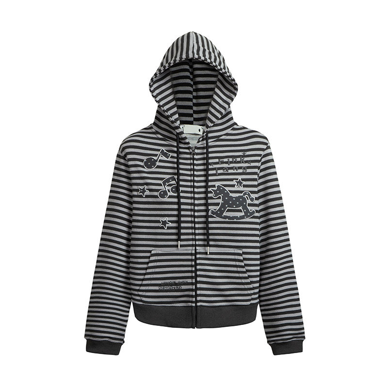 Rocking Horse & Music Appliqué Striped Zip Hoodie
