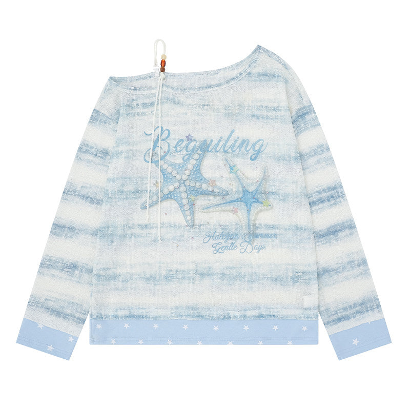Summer Stripe Graphic Long Sleeve Top & Star Halter Cami