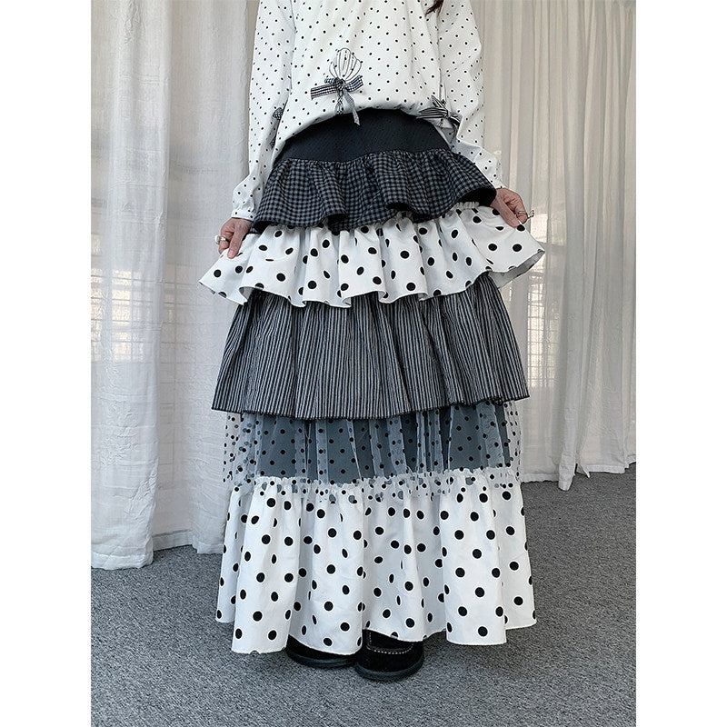 Polka Dot Bow Collar Top & Tiered Maxi Skirt