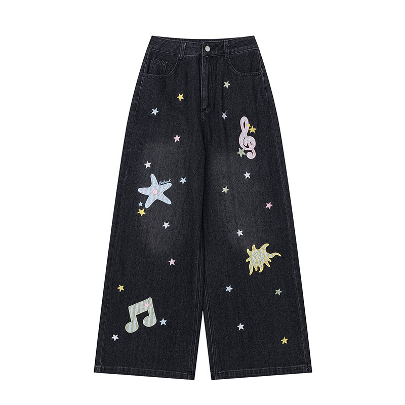 Star Melody Mesh-Layered Off-Shoulder Top & Embroidered Wide-Leg Jeans