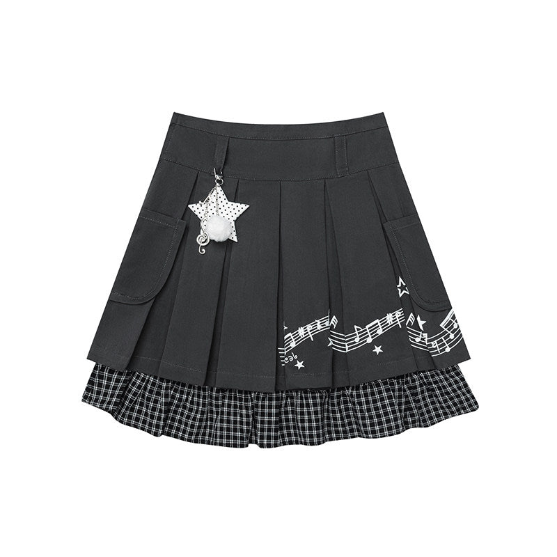 Music Note Star Pleated Skirt with Plaid Hem
