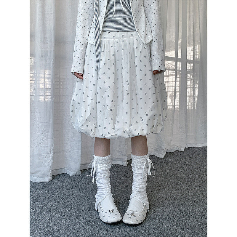 Polka Dot Balloon Midi Skirt & Layered Tie-Front Top