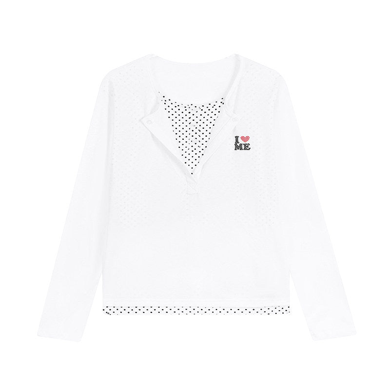 Polka Dot Layered Henley Long Sleeve Top