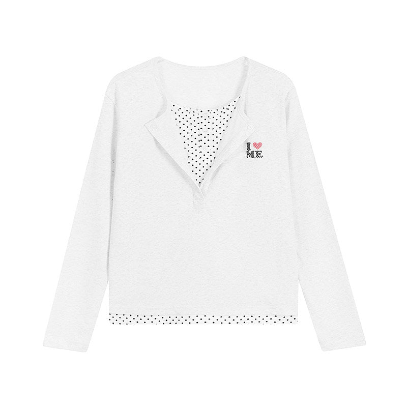 Polka Dot Layered Henley Long Sleeve Top