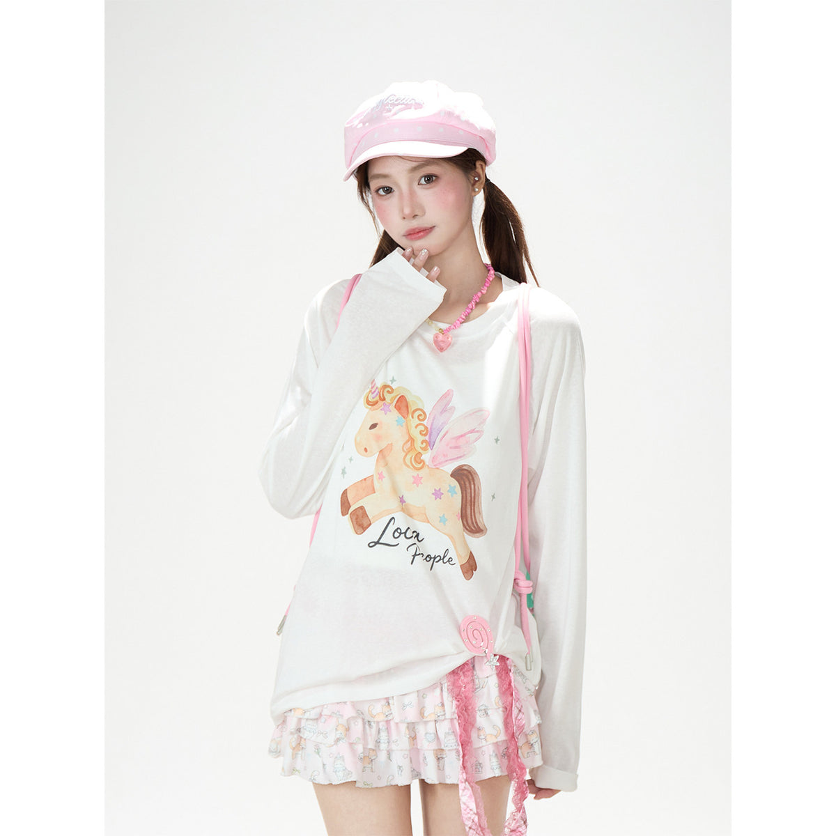 Winged Pony Graphic Long Sleeve Top & Cartoon Tiered Ruffle Mini Skirt