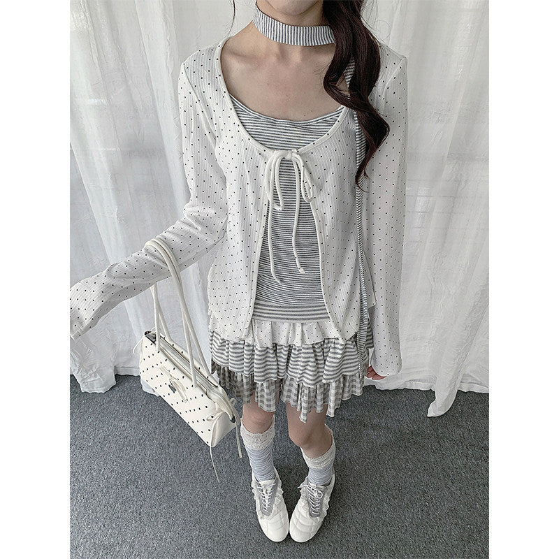 Polka Dot Tie-Front Layered Long Sleeve Top