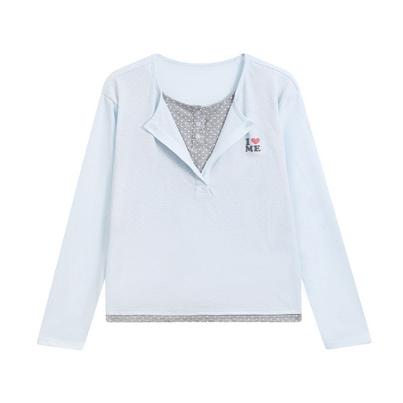 Polka Dot Layered Henley Long Sleeve Top