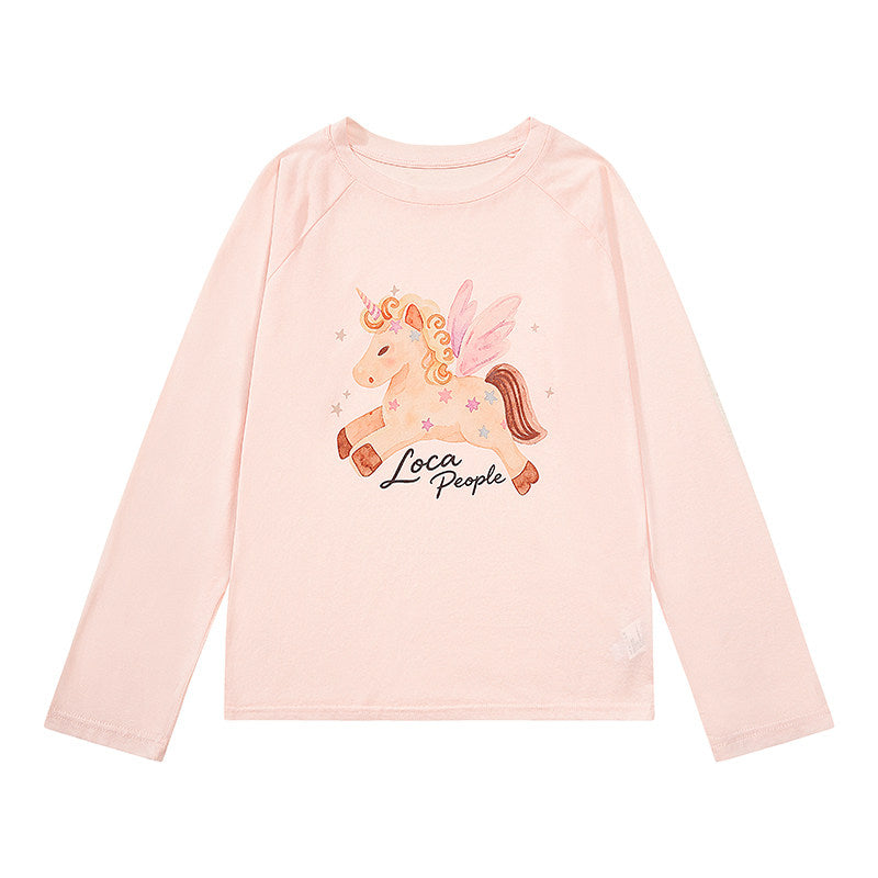 Winged Pony Graphic Long Sleeve Top & Cartoon Tiered Ruffle Mini Skirt