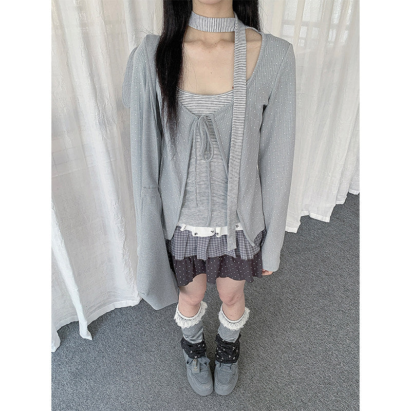 Polka Dot Tie-Front Layered Long Sleeve Top