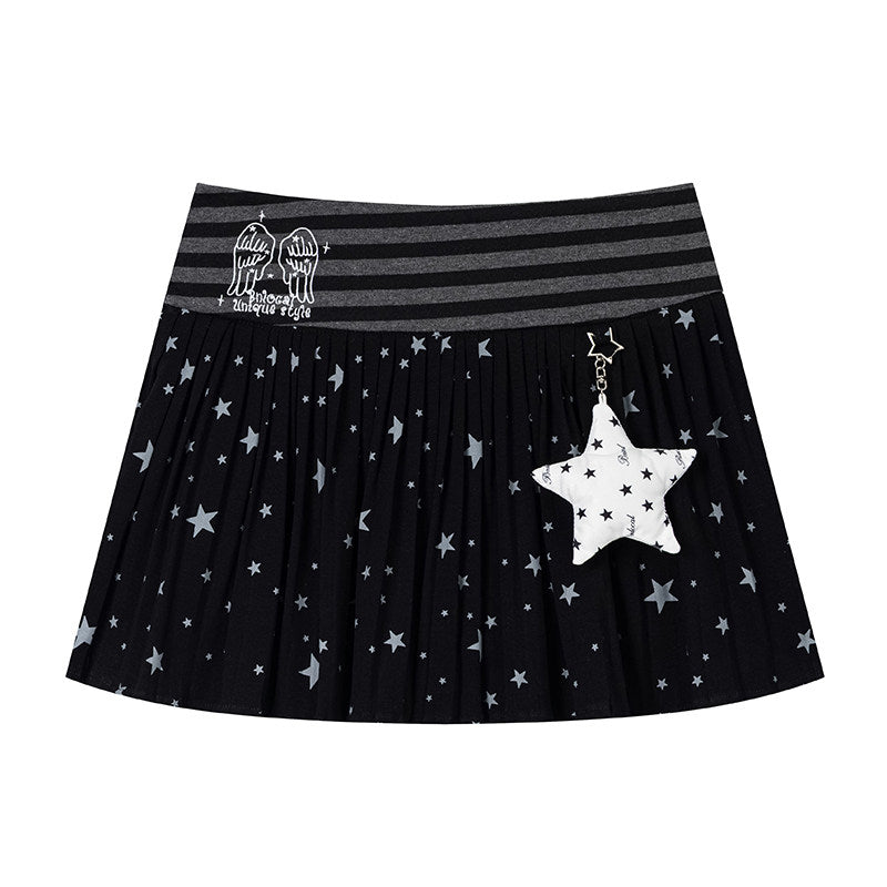 Faux Layered Star Mesh Graphic Long Sleeve Top & Black Star Pleated Mini Skirt