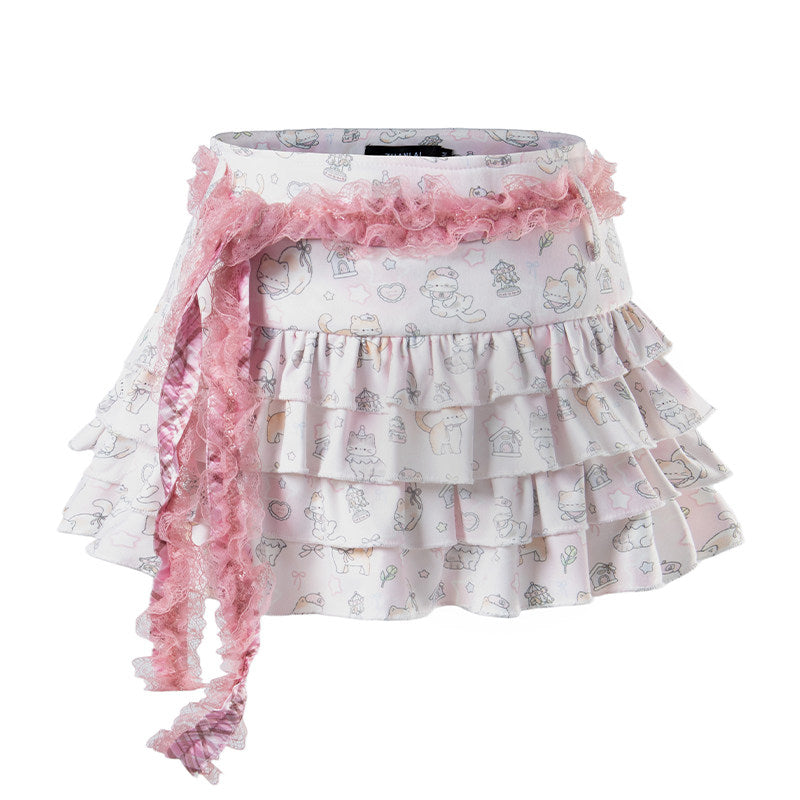 Winged Pony Graphic Long Sleeve Top & Cartoon Tiered Ruffle Mini Skirt