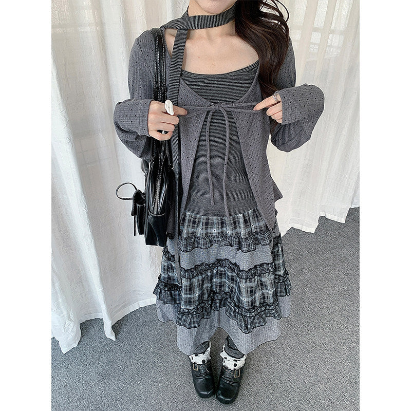 Polka Dot Tie-Front Layered Long Sleeve Top