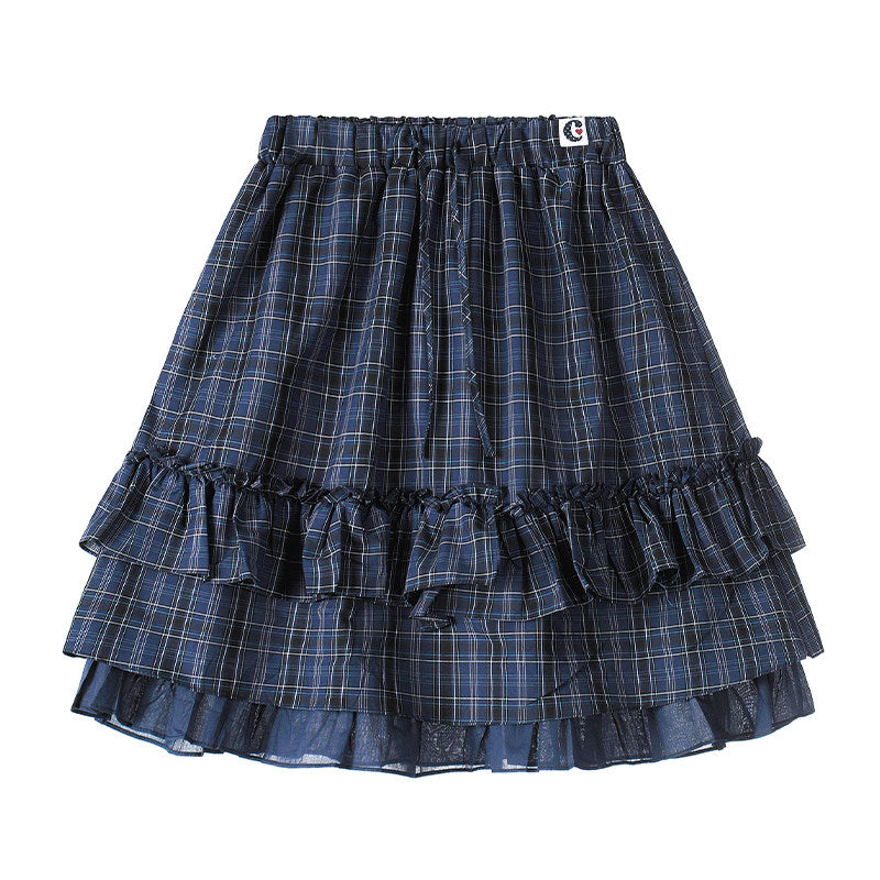 Lace Layered Cowl Neck Graphic Top & Navy Plaid Tiered Midi Skirt