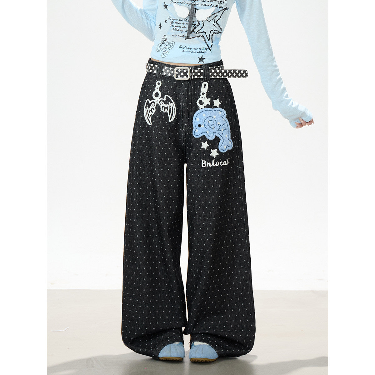 Dolphin Embroidered Polka Dot Wide-Leg Jeans