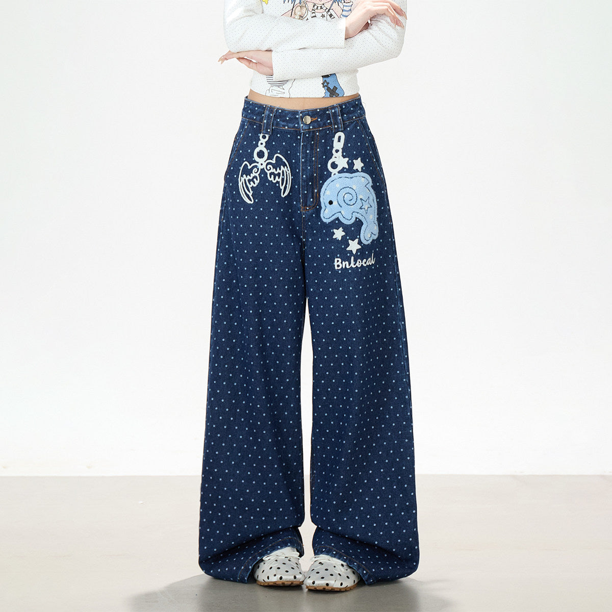 Dolphin Embroidered Polka Dot Wide-Leg Jeans