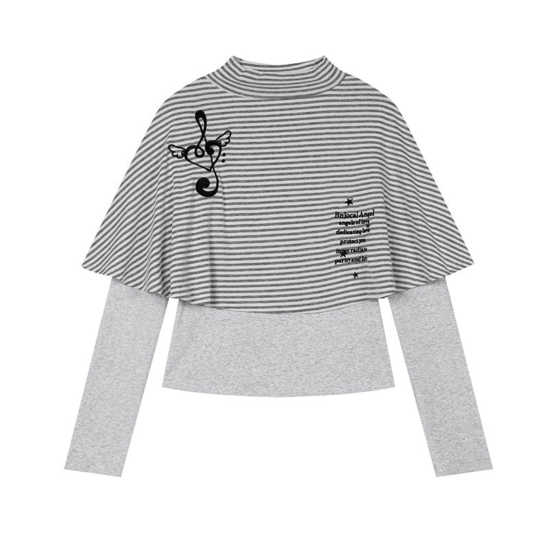 Music Note Striped Cape-Layered Long Sleeve Top