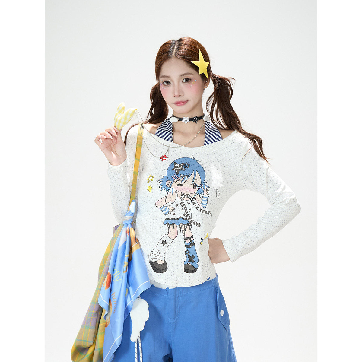 Cartoon Girl Faux-Layered Long Sleeve Top & Polka Dot Waist Wide-Leg Pants