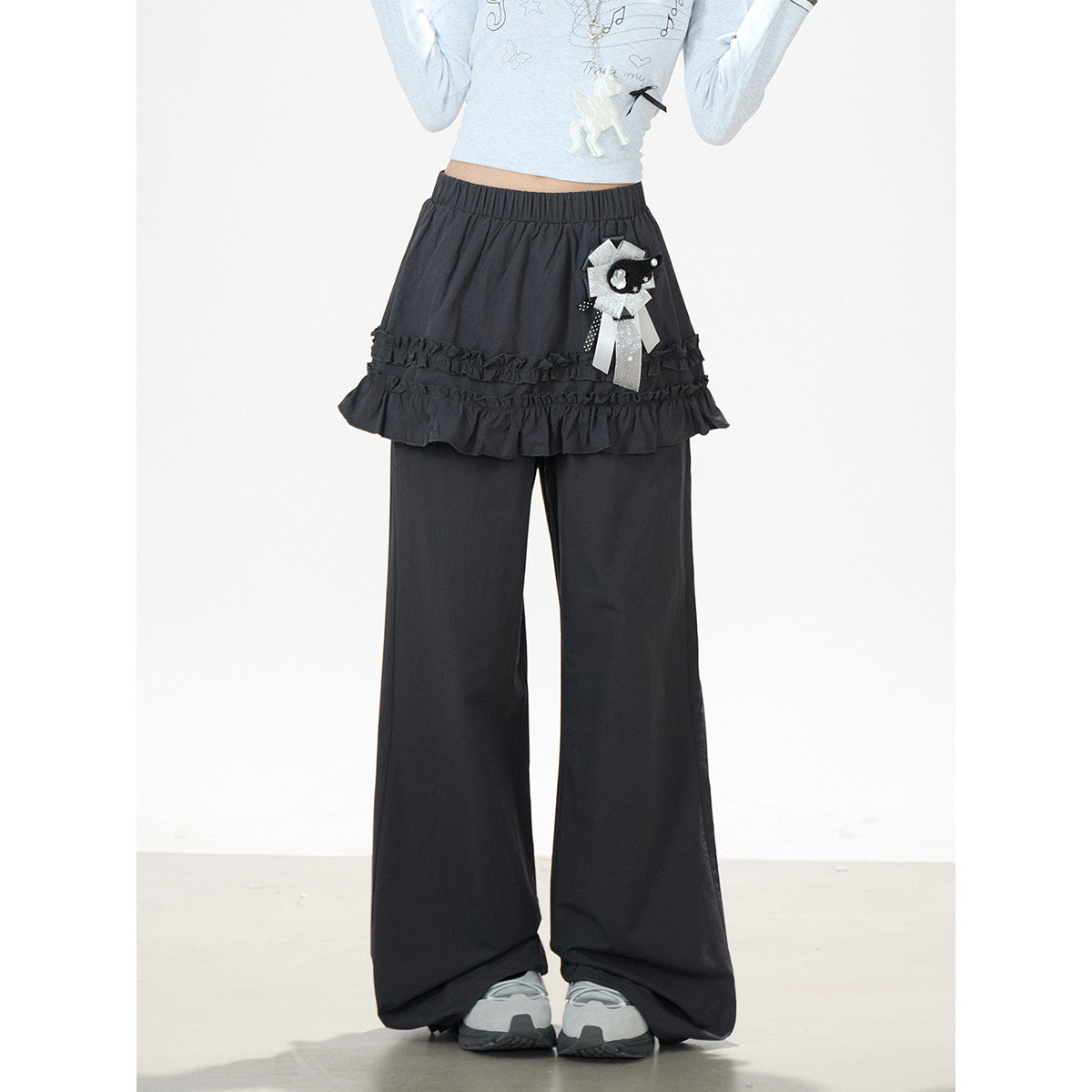 Music Note Bow Stripe-Cuff Long Sleeve Top & Ruffle Overlay Wide-Leg Pants