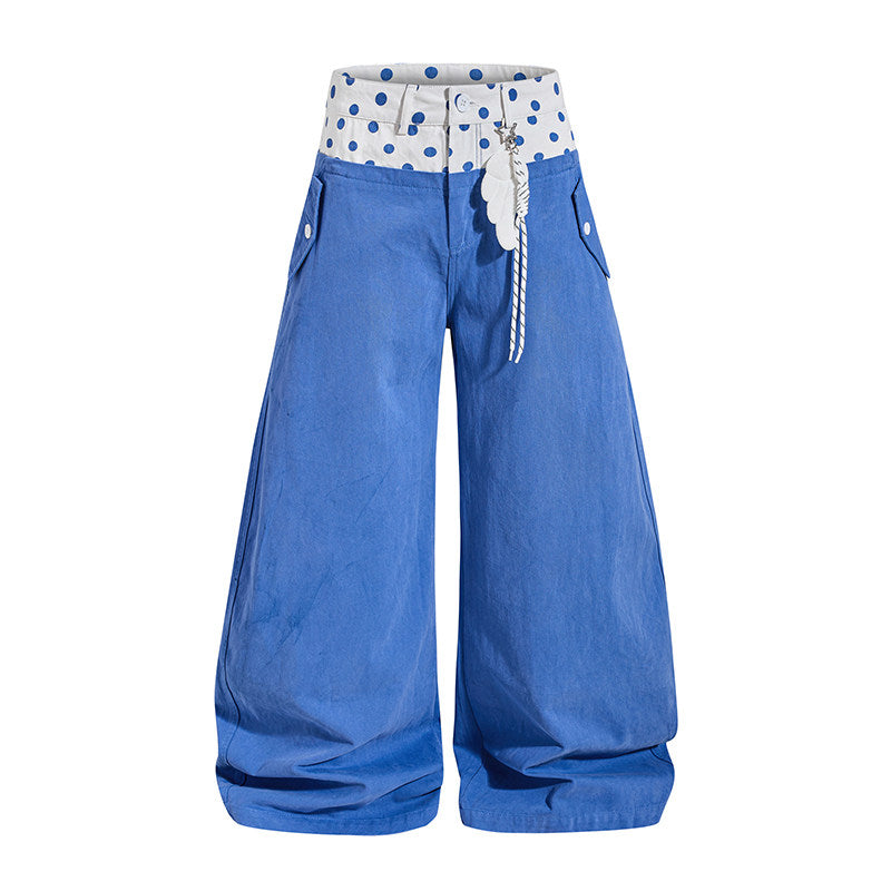 Cartoon Girl Faux-Layered Long Sleeve Top & Polka Dot Waist Wide-Leg Pants
