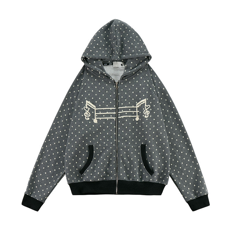 Polka Dot Music-Note Embroidered Zip Hoodie