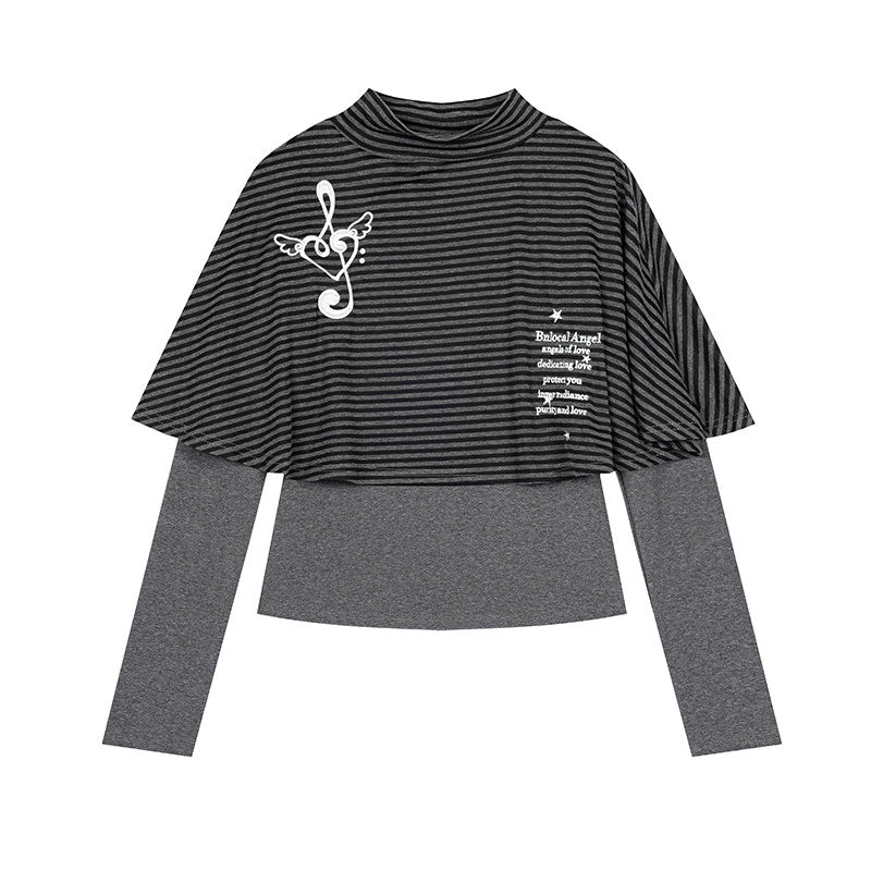 Music Note Striped Cape-Layered Long Sleeve Top
