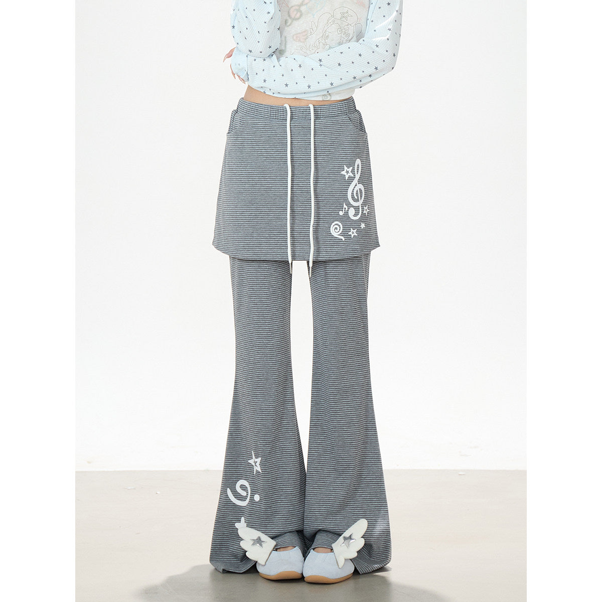 Dreamy Star Raglan Long Sleeve Top & Gray Music Note Layered Flare Pants