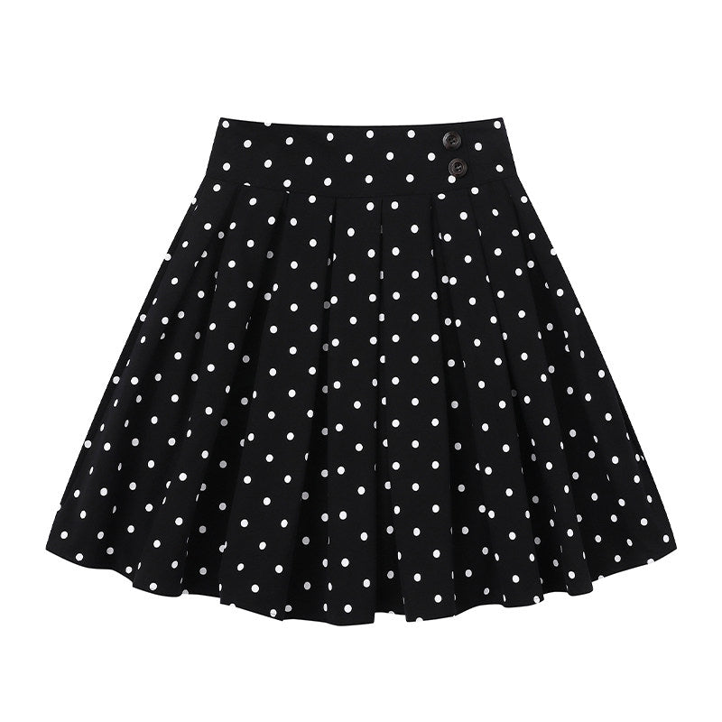 Striped Faux-Layered Graphic Long Sleeve Top & Polka Dot Pleated Mini Skirt