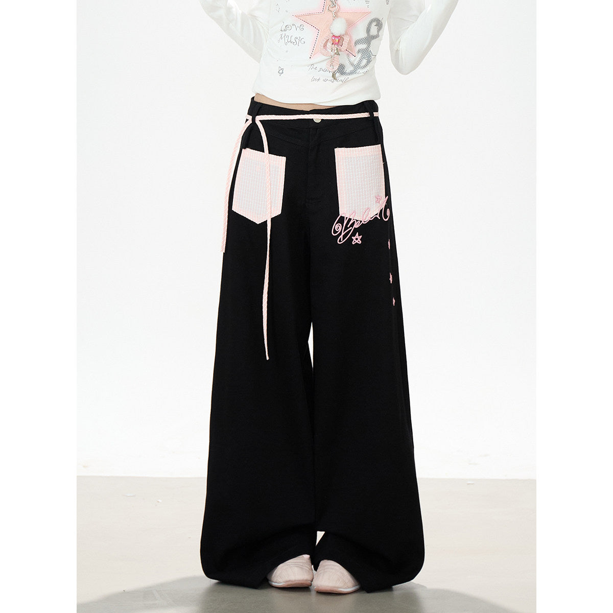 Star Melody Off-Shoulder Long Sleeve Top & Contrast Pocket Wide-Leg Pants