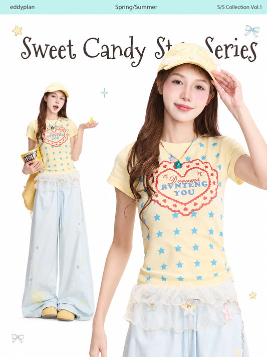 Dreams Star Baby Tee & Light Blue Wide-Leg Pants