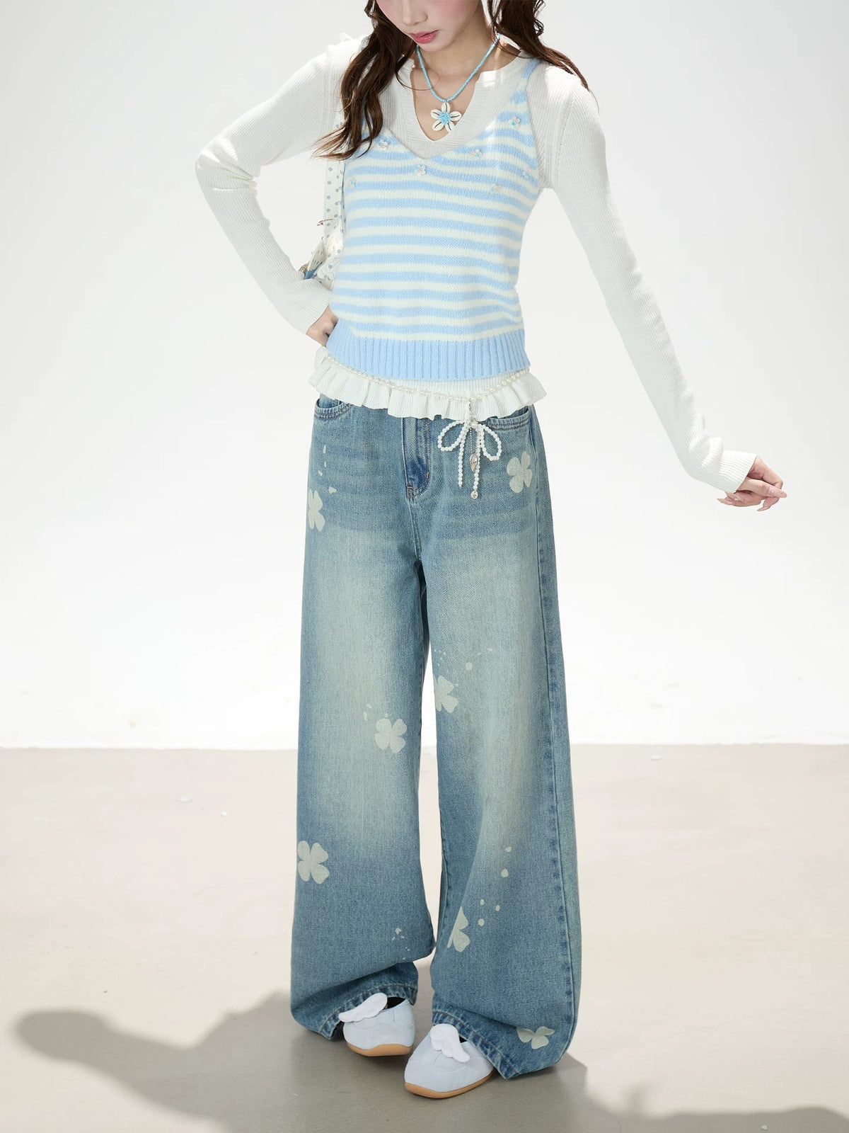 Soft Stripe Knit Vest & Long Sleeve Layered Two-Piece Set