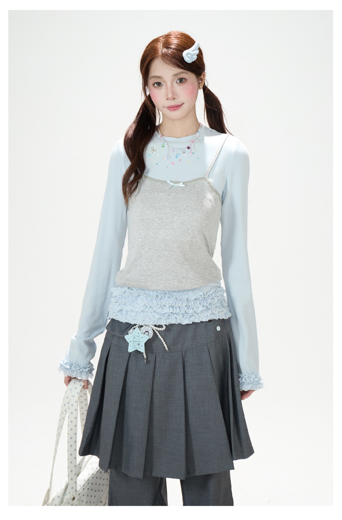 Ruffle Hem Layered Cami Long Sleeve Top & Washed Wide-Leg Jeans