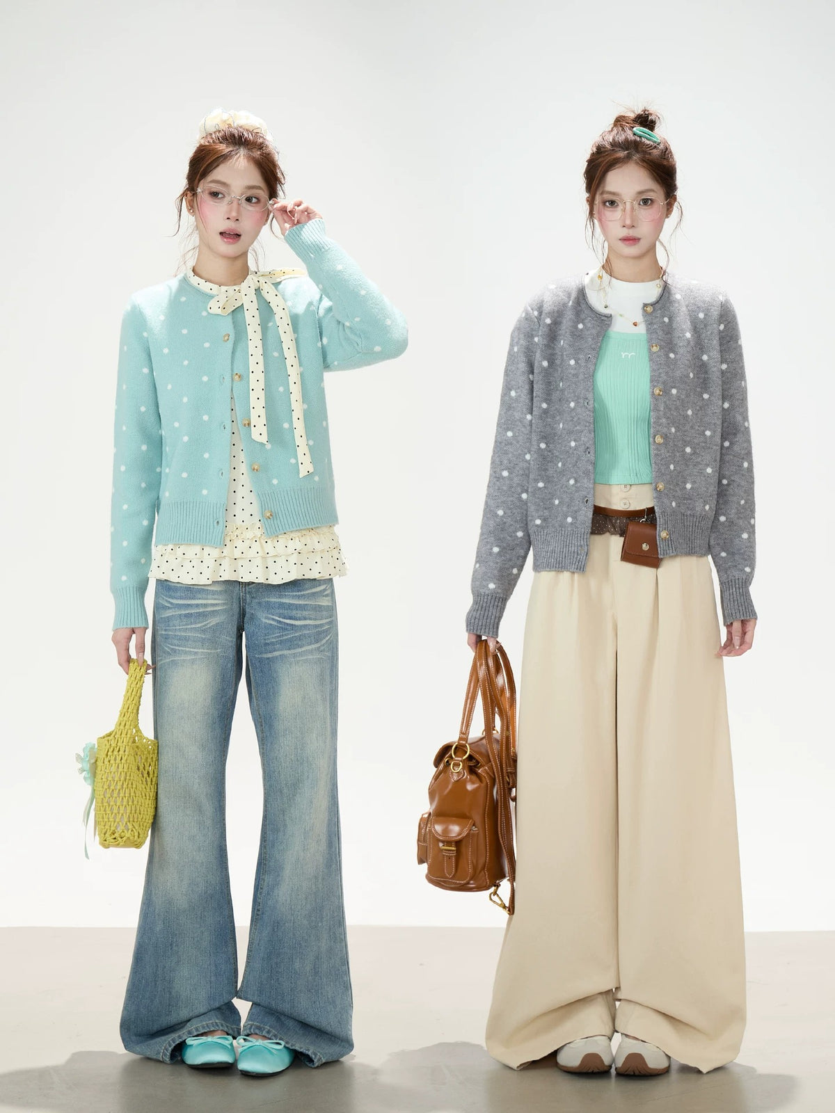 Polka-Dot Jacquard Knit Cardigan & Washed Flare Jeans