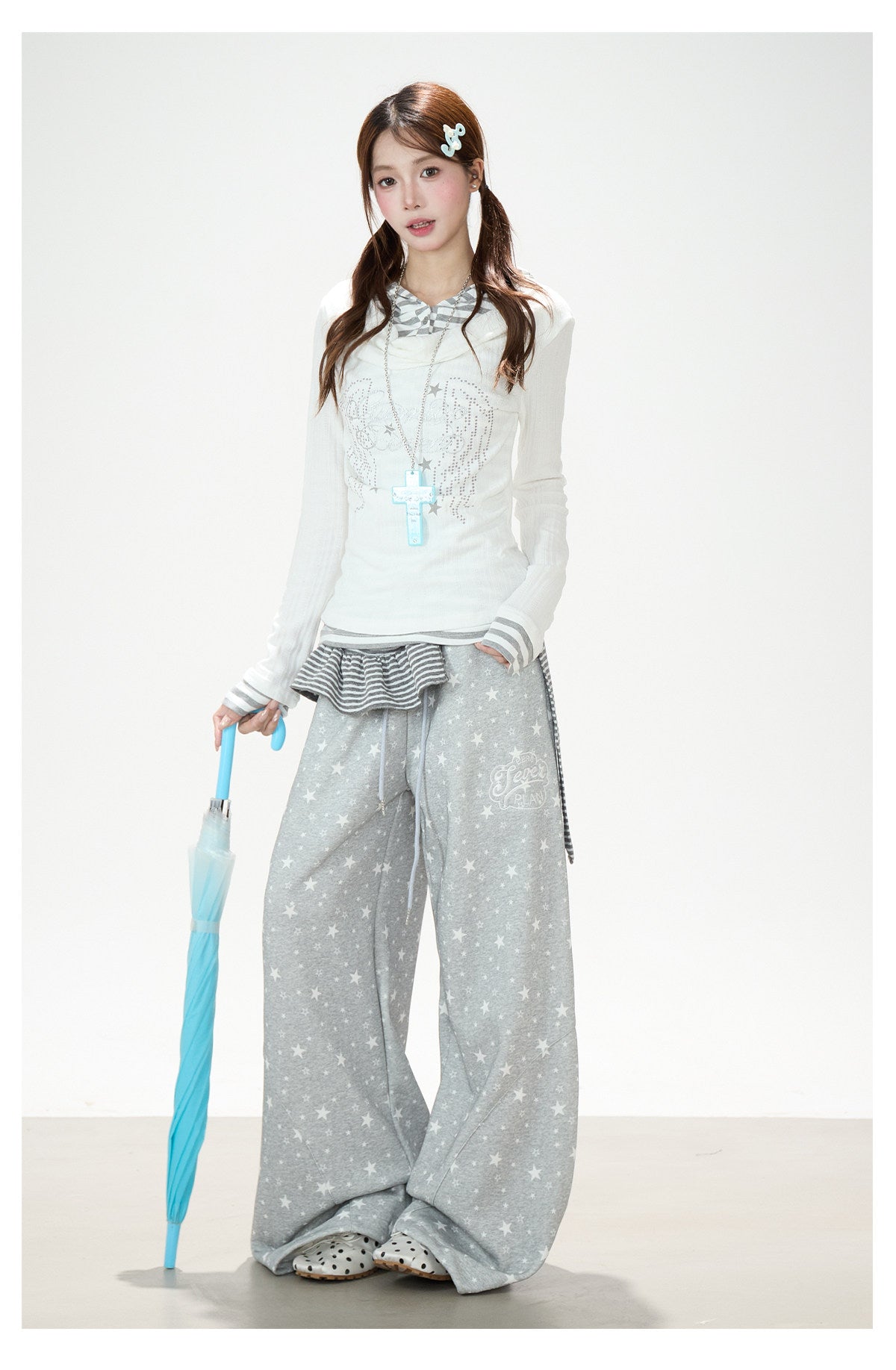 Angel Wing Graphic Hooded Stripe Layered Long Sleeve Top