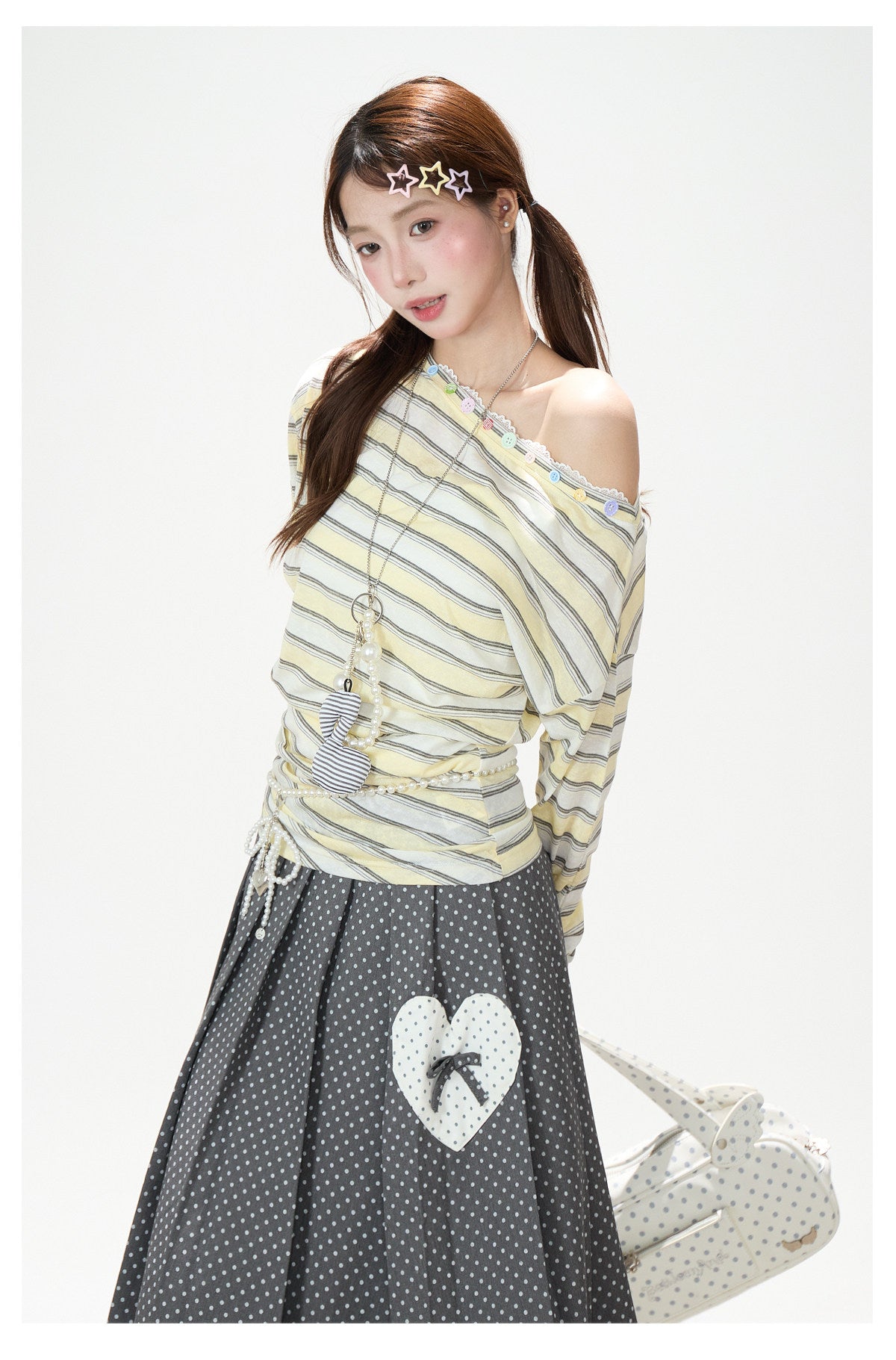 Striped Off-Shoulder Long Sleeve Top & Polka-Dot Midi Skirt