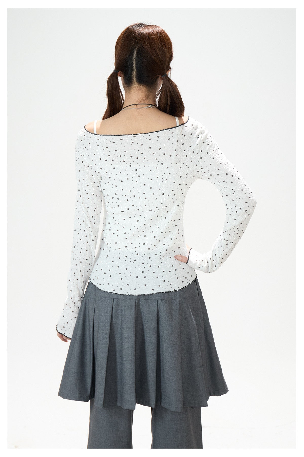 Star Cartoon Fitted Long Sleeve Top & Pleated Skirt-Layer Wide-Leg Pants