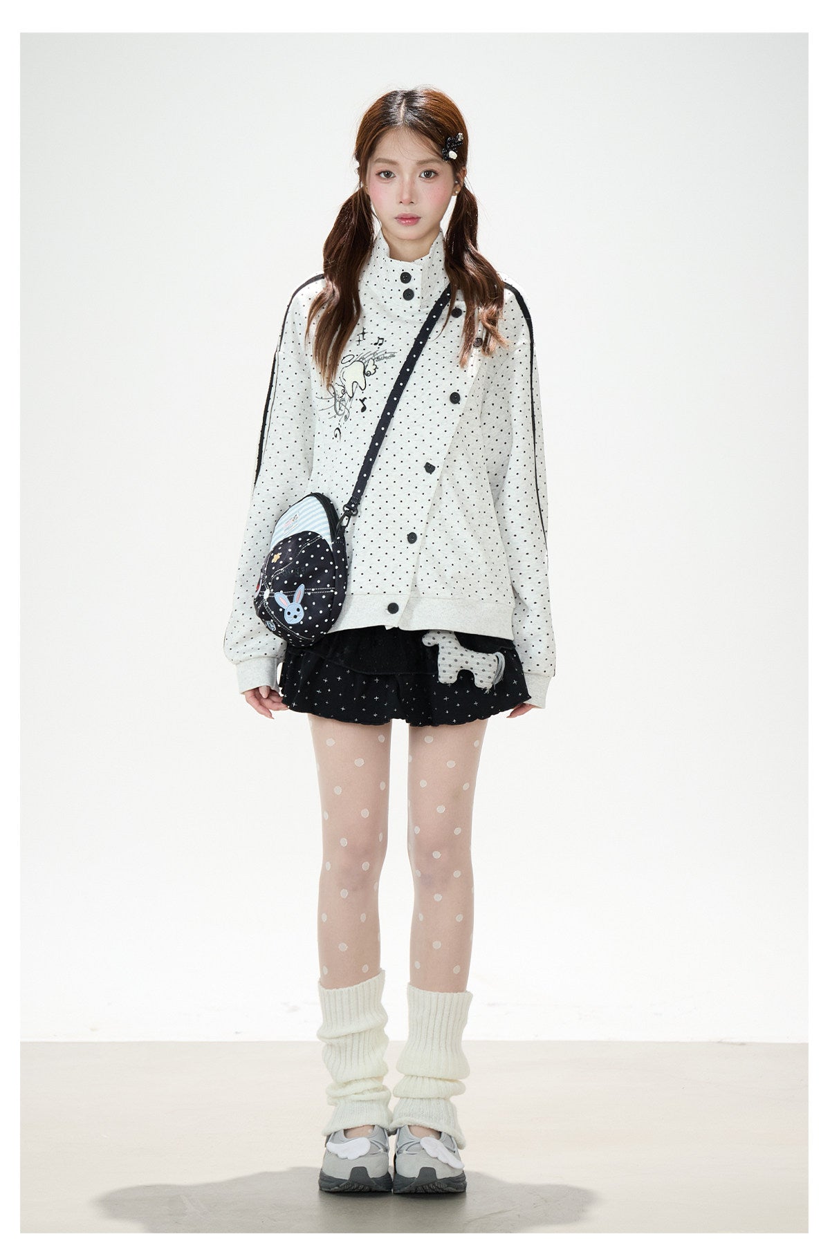 Polka-Dot Stripe Asymmetric Button Jacket & Black Tiered Mini Skirt