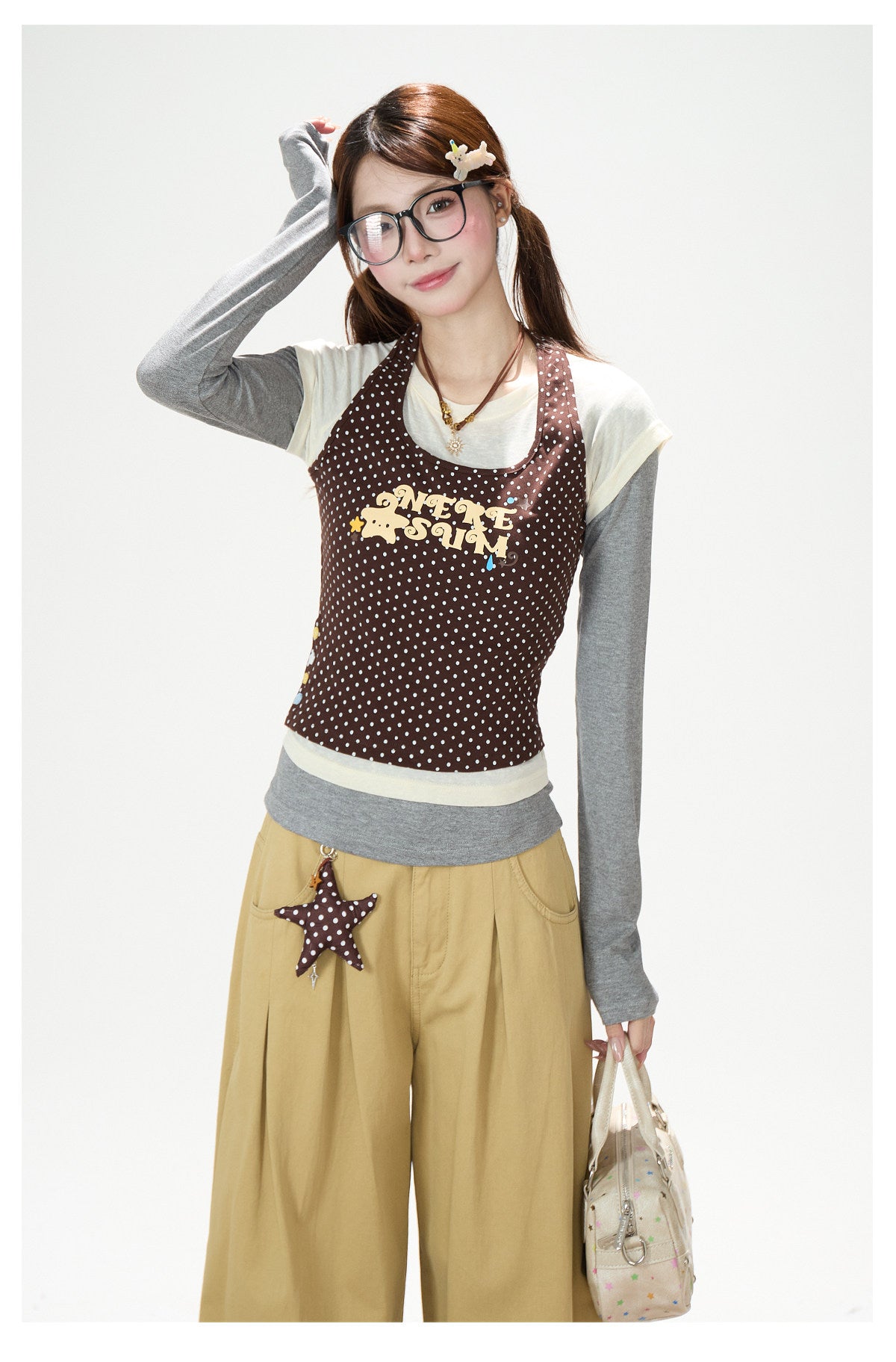 Coffee Polka-Dot Layered Long Sleeve Top