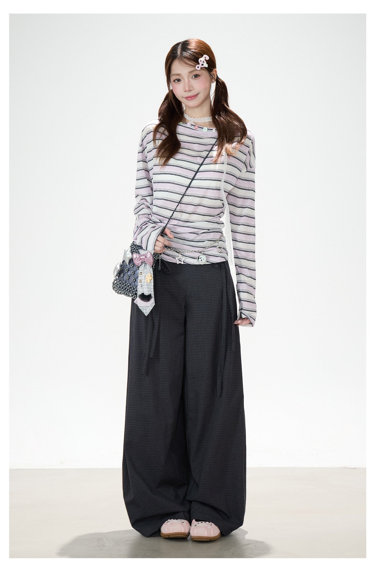Striped Off-Shoulder Long Sleeve Top & Polka-Dot Midi Skirt